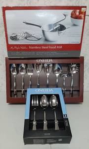 lot 1711 image: New Oneida Serving and Hostess Pieces and Stainless Food Mill