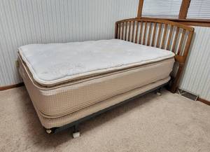 lot 1722 image: Full Size Headboard, Rails, Pillowtop Mattress and Box spring - Includes Waterproof Mattress Pad
