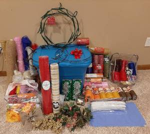 lot 3054 image: Crafting Supplies - Includes Mesh, Metal Wreaths, Stencils, and Floral - Tote Included