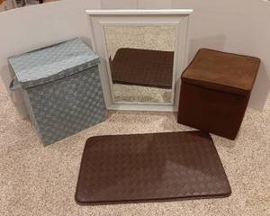 lot 3077 image: Mirror 21 x 27, Hamper, Cushioned Rug and Storage Ottoman