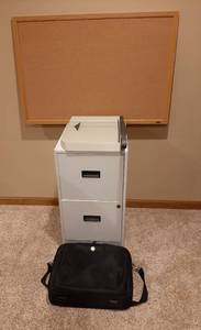 lot 3081 image: 2 Drawer Filing Cabinet, Paper Cutter, Corkboard and Laptop Bag