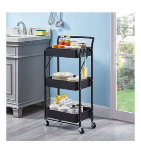 lot 34168 image: 3-Tier Modern Metal Storage Utility Rolling Cart,Foldable, Black