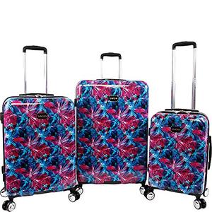 lot 47268 image: BEBE Womens Tina 3pc Spinner Suitcase Set, Blue Pink Lily