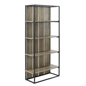 lot 1882 image: 64 x 31.50 W Farmhouse Bookcase - Gray Wash with Black Metal - Retail $235.99