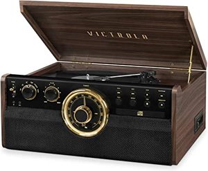 lot 1875 image: Victrola The Empire Music Center With Record Player And Bluetooth Speakers, Brown, 19 x 15 x 8 H