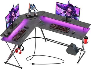 lot 1879 image: Seven Warrior L-Shaped Corner Computer Desk, Black With Remote Control Color Lighting, 60 W x 35 H