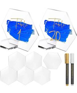 lot 56232 image: 20 Pack Acrylic Hexagon Blank Table Stand, DIY Geometric Blank Plexiglass Number Sign Holder with Gold & Silver Marker Metallic for Modern Wedding Reception, Centerpiece Table Decoration, Event, Party