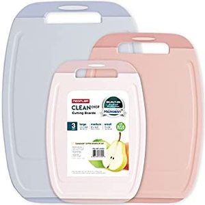 lot 56266 image: Neoflam Microban Protection Cutting Board 3 Piece Set, Stain & OdorBPA Free, Reversable Board, Upgraded Larger Juice Groove, Non-Slip EZ Grip Handle, Dishwasher Safe, Pastel (B0B1HGGBG3)