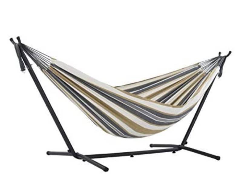 lot 30000 image: Vivere Double Cotton Hammock with Space Saving Steel Stand, Desert Moon with Charcoal Frame (450 lb Capacity)Retail $99.99