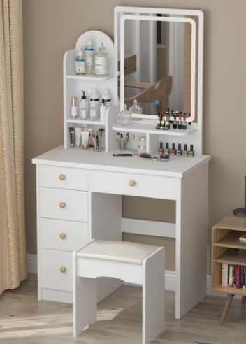 lot 32001 image: FUFU & GAGA Vanity Table Set 96-2 with Light Mirror, Makeup Table with 3 Storage Shelves & 5 Drawers, Dressing Vanity Tables with , Dresser Desk for Girls, Women, White Retail $229.99