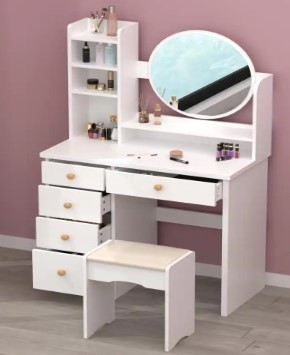 lot 33001 image: FUFU&GAGA 5-Drawers White Makeup Vanity Table Set 96-1 with Stool Dressing Desk Vanity Wood with Round Mirror Storage Shelves Retail $149.99