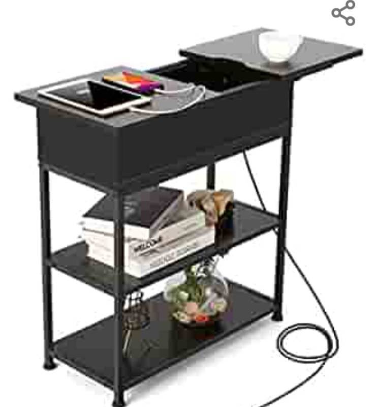 lot 40000 image: Likein End Table, Side Table with USB Ports and Outlets, Sofa Table Sliding Tabletop with Storage Shelves, Nightstand Bedside Table with Charging Station for Bedroom or Living Room, Black
