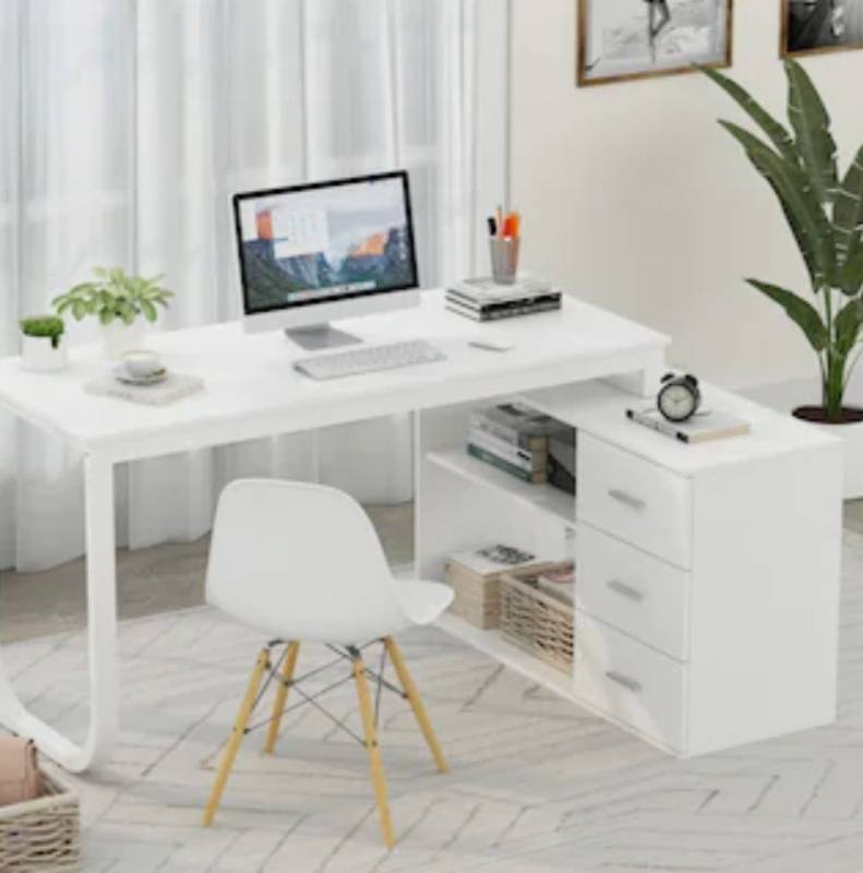 lot 10000 image: FUFU&GAGA Shaped Executive desk 55.1-in White ModernContemporary Executive Desk Hutch Included