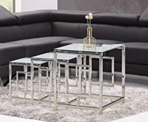 lot 10012 image: ZOONFA Chrome Nest of 3 Glass Coffee Tables Nesting Table Modern Design- Stackable Space Saving Sofa Side Corner End Lamp Table Small Square Silver Nest of Tables for Living Room