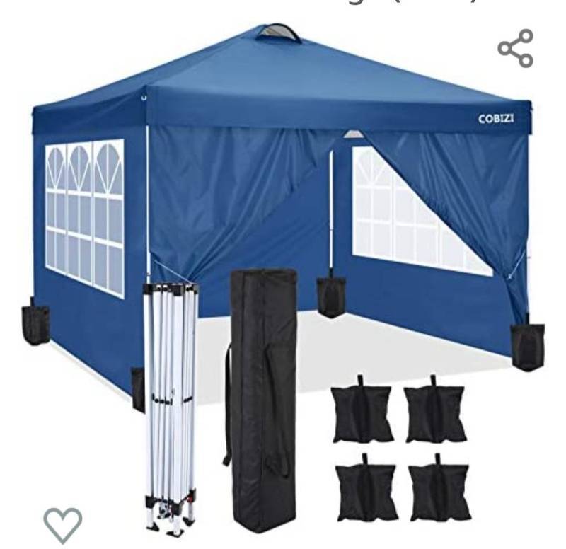 lot 10003 image: COBIZI 10x10 Pop Up Canopy Outdoor Shade Shelter Commercial Gazebo Beach Canopy with 4 Sidewall and A Vent Hole, Three Height Settings, Pop Up Tent for Party Event with 4 Sandbags (Blue) Retail $149.99