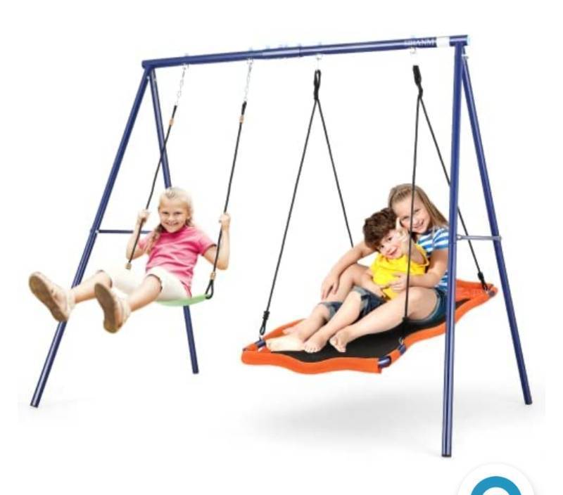 lot 20005 image: Metal Swing Sets for Kids Backyard,Heavy Duty A-Frame Waterproof Swing Stand Saucer Swing Sets 440lbs 2 Seat for Indoor Outdoor Playground Set