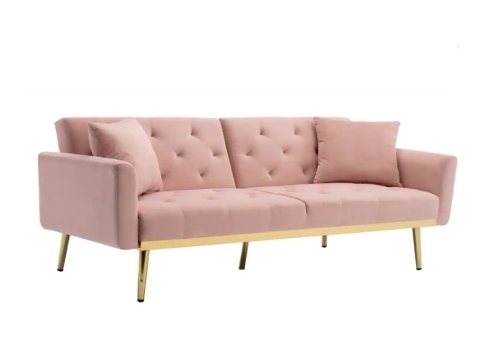 lot 23100 image: Velvet Futon Sofa Bed for Living Room, 68 in. in W Convertible 3-Adjustable Couch Loveseat with Metal Leg in Pink Retail $449.99