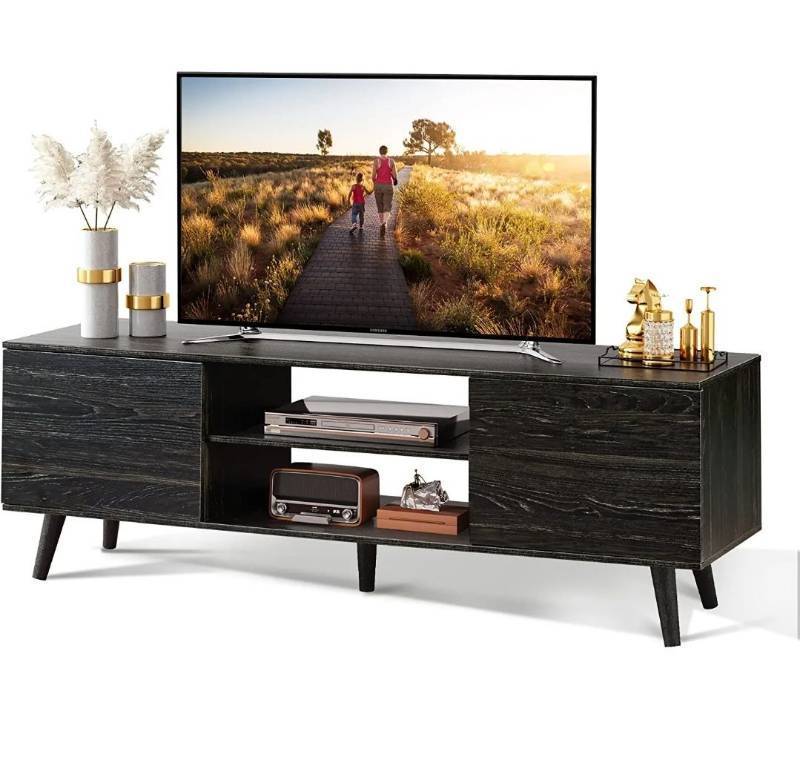lot 30011 image: Timechee Entertainment Center with Storage Cabinet and Open Shelves, TV Stand for 5560 inch TV Media Console, Black&Brown