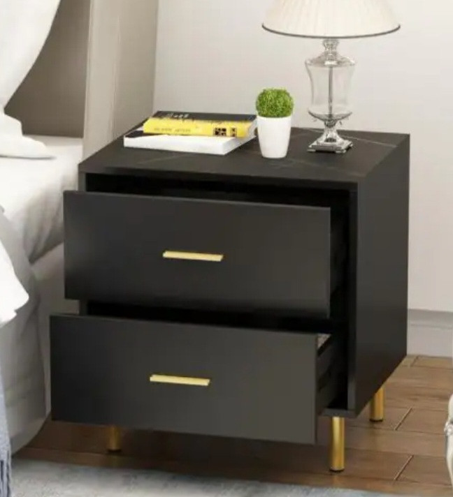 lot 10015 image: Fufu & Gaga 2-Drawer Black Wood Nightstand With Metal Legs Side Table Bedside Table 21 in. H x 20 in. W x 16 in.