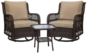 lot 5003 image: 3 Pieces Outdoor Wicker Swivel Rocker Patio Set, IDEALHOUSE 360 Degree Swivel Rocking Chairs Elegant Wicker Patio Bistro Set with Premium Cushions and Armored Glass Top Side Table for Backyard (Beige) Retail $479.99