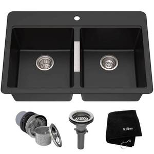 lot 10072 image: Kraus 33 Inch Dual Mount 5050 Double Bowl Granite Kitchen Sink w Topmount and Undermount Installation in Black Onyx