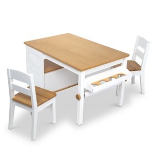 lot 62 image: Melissa &amp Doug Wooden Art Table and 2 Chairs Set Kids Furniture for Playroom Light Woodgrain and White 2-Tone Finish - Retail $299.99