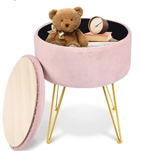 lot 53 image: Round Velvet Storage Ottoman with Gold Metal Legs & Tray Top Table- Retail$78.98