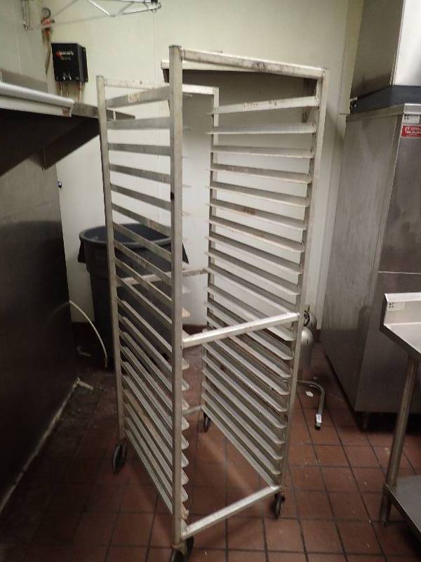 lot 2100 image: Aluminum Full Size Sheet Pan Rack On Casters