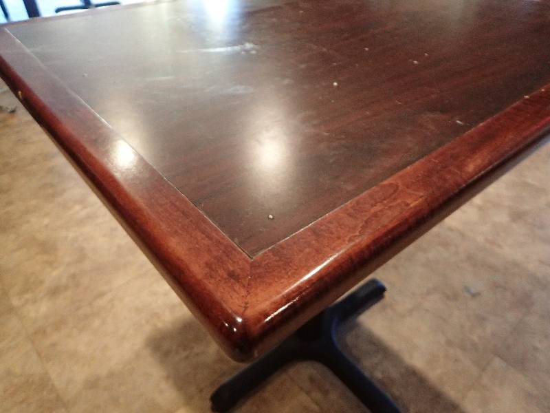 lot 2140 image: Dark Laminated Top Single Metal Base Standard Height Dining Table