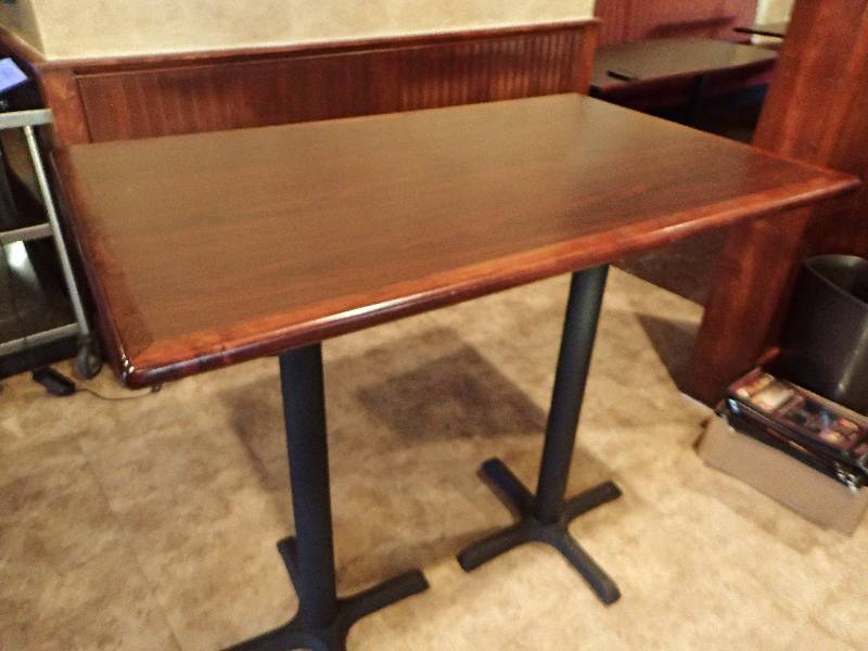 lot 2145 image: Dark Laminated Top Double Metal Base Bar Height Dining Table