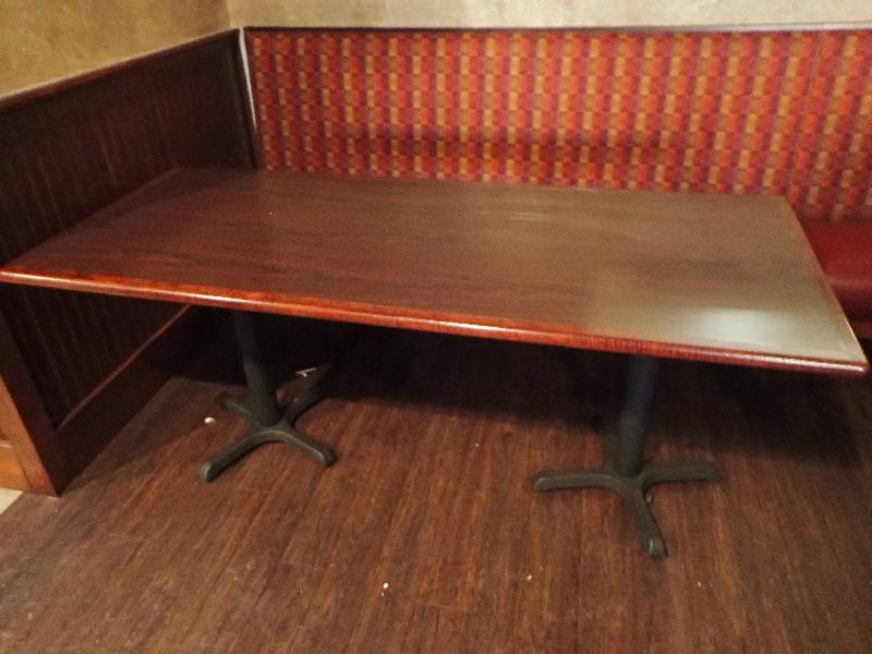 lot 2169 image: Dark Laminated Top Double Metal Base Standard Height Dining Table