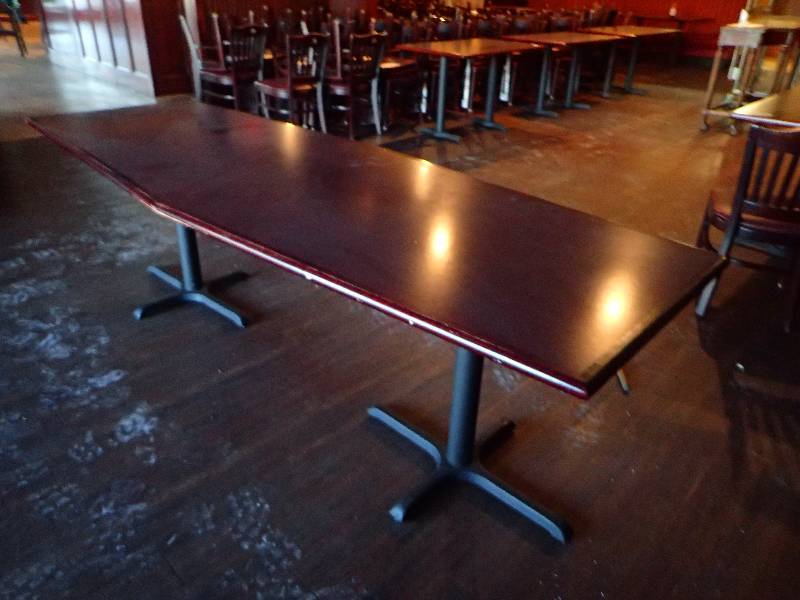 lot 2171 image: Customized Dark Laminated Top Double Metal Base Standard Height Dining Table