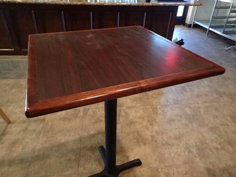 lot 2142 image: Dark Laminated Top Single Metal Base Bar Height Dining Table