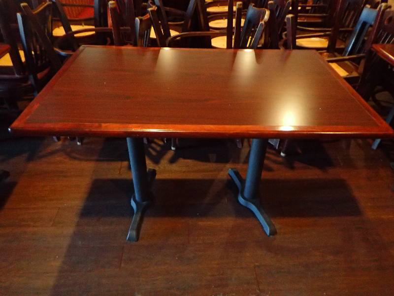 lot 2156 image: Dark Laminated Top Double Metal Base Standard Height Dining Table