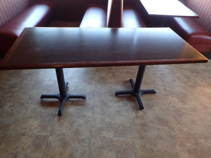 lot 2160 image: Dark Laminated Top Double Metal Base Standard Height Dining Table