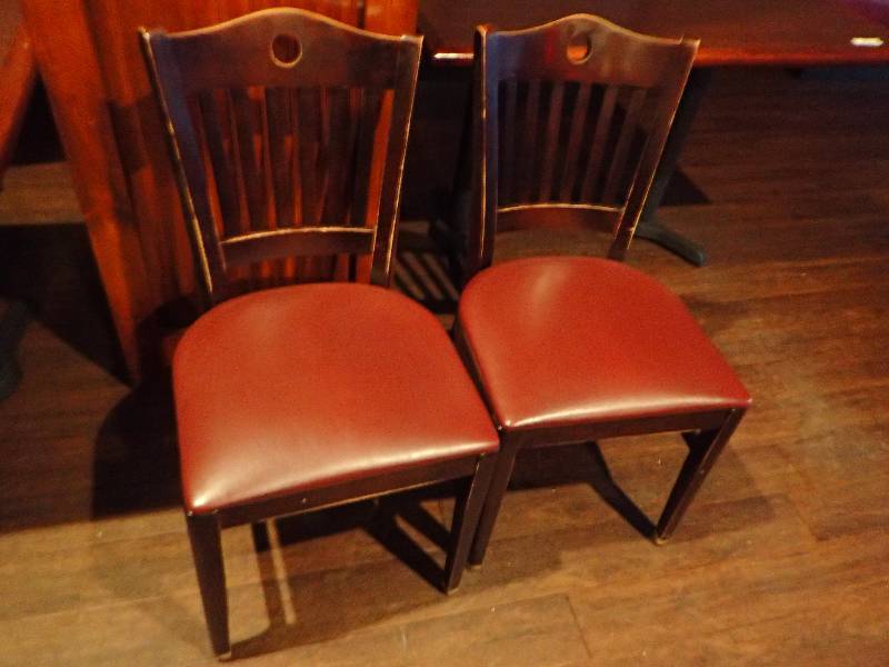 lot 2206 image: Pair Of Vinyl Padded Dark Cherry Wood Finished Standard Height Dining Chairs