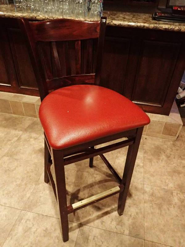 lot 2224 image: Vinyl Padded Dark Cherry Wood Finished Bar Height Dining Chair