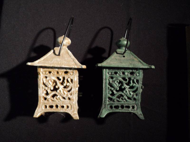 lot 5001 image: (2) ct. lot wrought iron tea light lanterns, green and cream colored