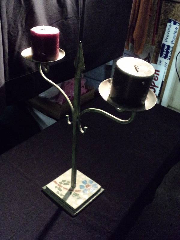 lot 5005 image: Metal Candle Stand mosaic tile base, 16 wide x 20 tall