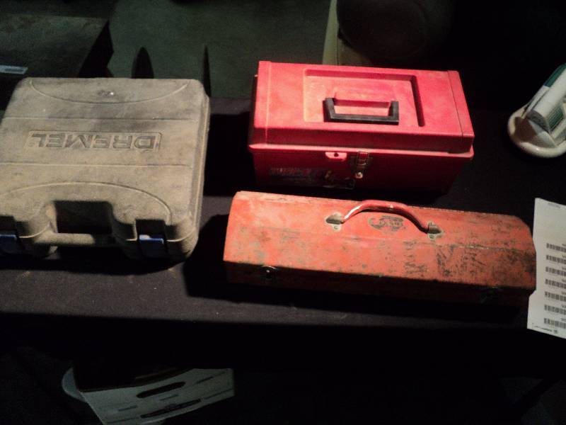 lot 5038 image: (3) ct. lot tool boxes cases (1) plastic Dremel case, Dremel not included (1) Metal tool box, (1) plastic tool box with removable tray