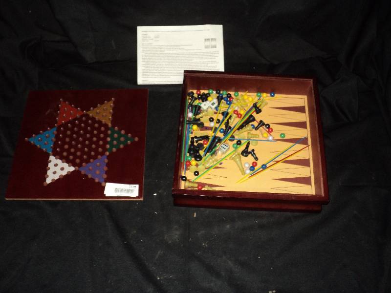 lot 5179 image: 9-in-1 Wooden Game set Chinese Checkers, Chess, Checkers, Mancala, Ti-Tac-Toe, and more pieces and instructions included