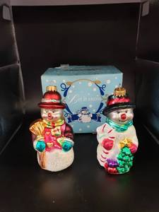 lot 2048 image: pair retro snowmen glass ornaments woriginal box