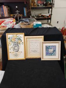 lot 2160 image: lot of 3 hand sewnframed cross stitch pictures