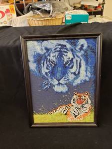 lot 2162 image: hand sewn tiger cross stitch picture