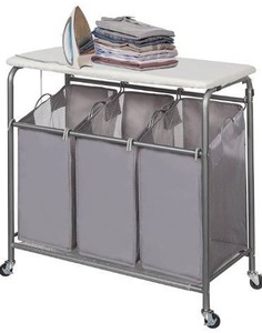 lot 5318 image: STORAGE MANIAC 3-Section Laundry Sorter with Foldable Ironing Board, Heavy-Duty Rolling Laundry Cart with and Removable Bags, Triple Laundry Hamper with Wheels, Laundry Sorter with Top Shelf, Grey