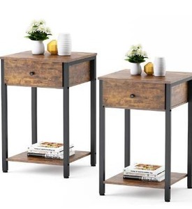 lot 5362 image: Ecoprsio Nightstand Set of 2 Industrial End Table Side Table with Drawer and Storage Shelf Wood Night Stand Rustic Bedside Table for Bedroom, Living Room, Sofa Couch, Hall, Easy Assembly