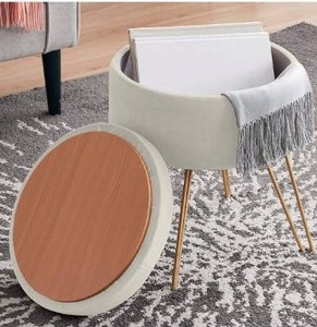 lot 5365 image: Ornavo Home Modern Round Velvet Storage Ottoman Foot Rest Vanity StoolSeat with Gold Metal Legs & Tray Top Coffee Table - Cream