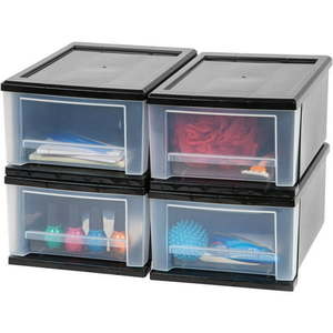 lot 5376 image: IRIS USA 6Qt 8.5 Black Plastic Stacking Storage Box with Drawer 4 Pack