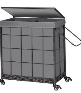 lot 5377 image: Laundry Hamper with Wood Lid and Divided Liner Bag Durable Laundry Basket with Heavy Duty Rolling Lockable Wheels Clothes Hamper with Removable Liner Bag Laundry Sorter with Metal Handle (Grey)