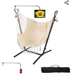 lot 8093 image: Hammock with Stand Phone Holder Included Double Hanging Chair Macrame Boho Handmade Adjustable Swing Indoor Outdoor Patio Yard Garden Porch 400lbs Capacity (2022 White)